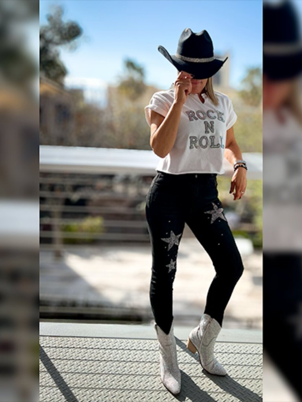 Rock N Roll Rhinestone Crop Tee White Western Cowgirl M